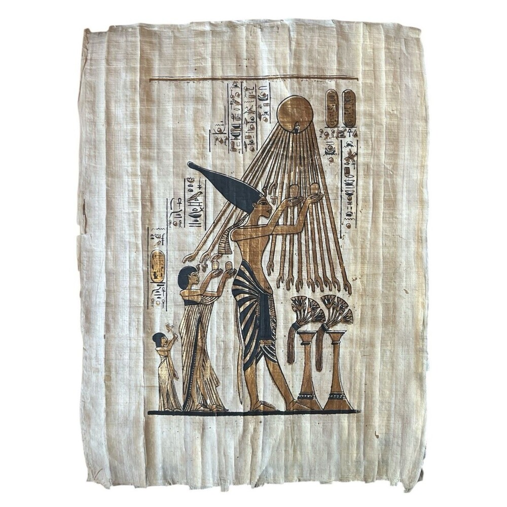 Egyptian Papyrus Painting Akhenaten Nefertiti Child Sacrifice 13 x 17"